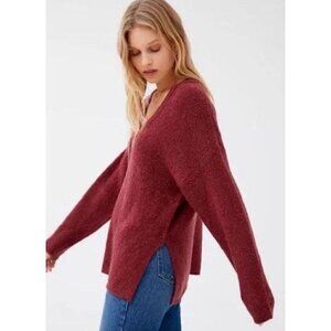 Urban Outfitters Rosie Cozy V Neck Sweater Womans S Maroon Boxy Boucle Knit